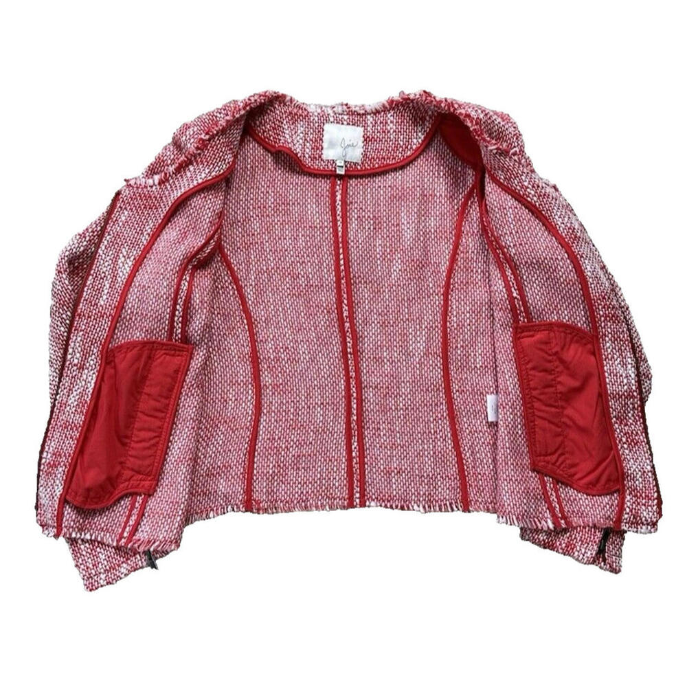Joie Collis Tweed Twill Fringe Blazer Jacket Womens M Fitted Full Zip Red Cotton - Picture 5 of 9